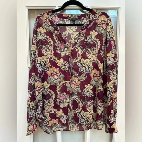 Banana Republic | Burgundy Wine Sheer Floral Bohemian Long Sleeve Blouse Size L - Picture 2 of 10